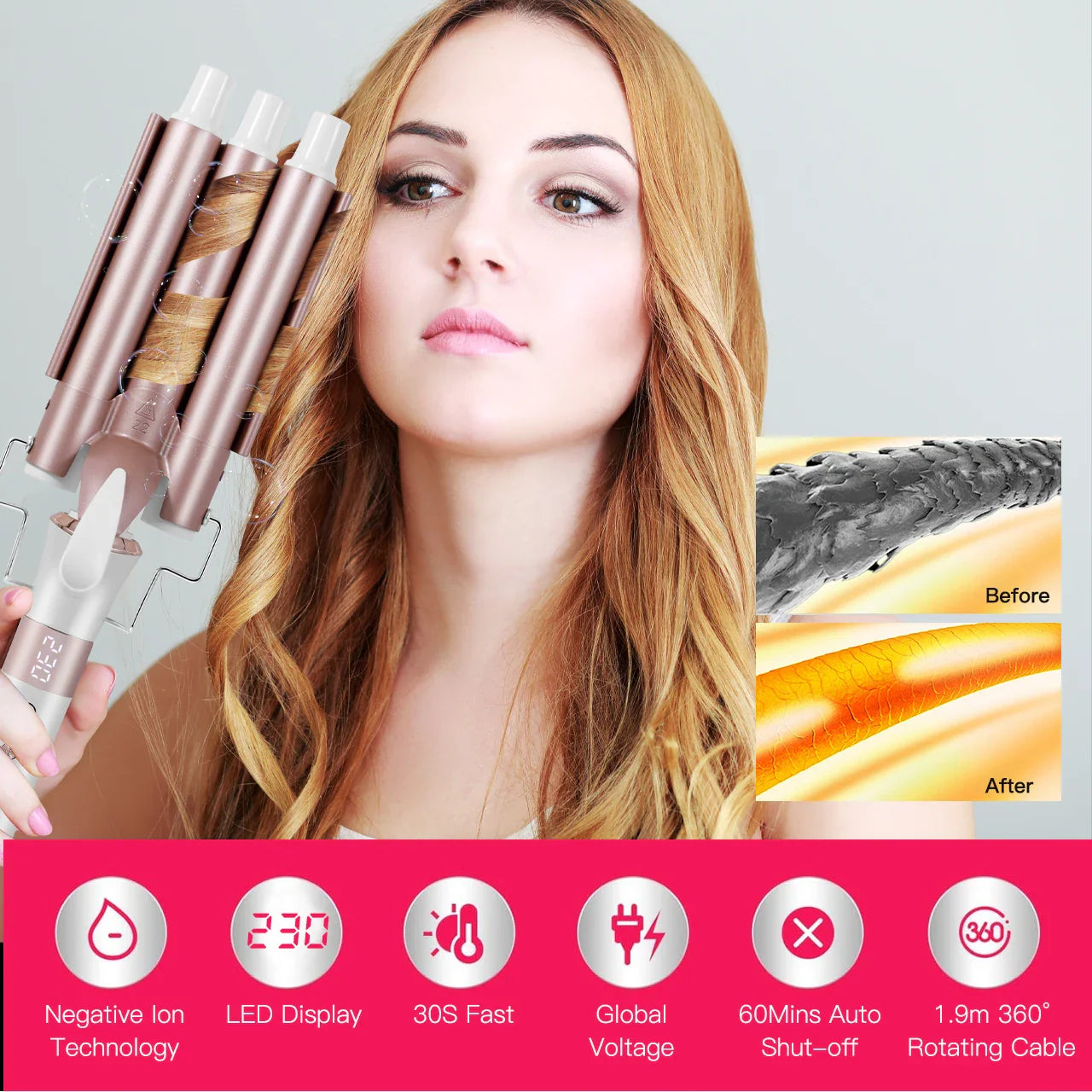 Hatteker Professional Hair Curling Iron Ceramic Triple Barrel Waver Electric Hair Styling Tool for Versatile Curls And Waves EU