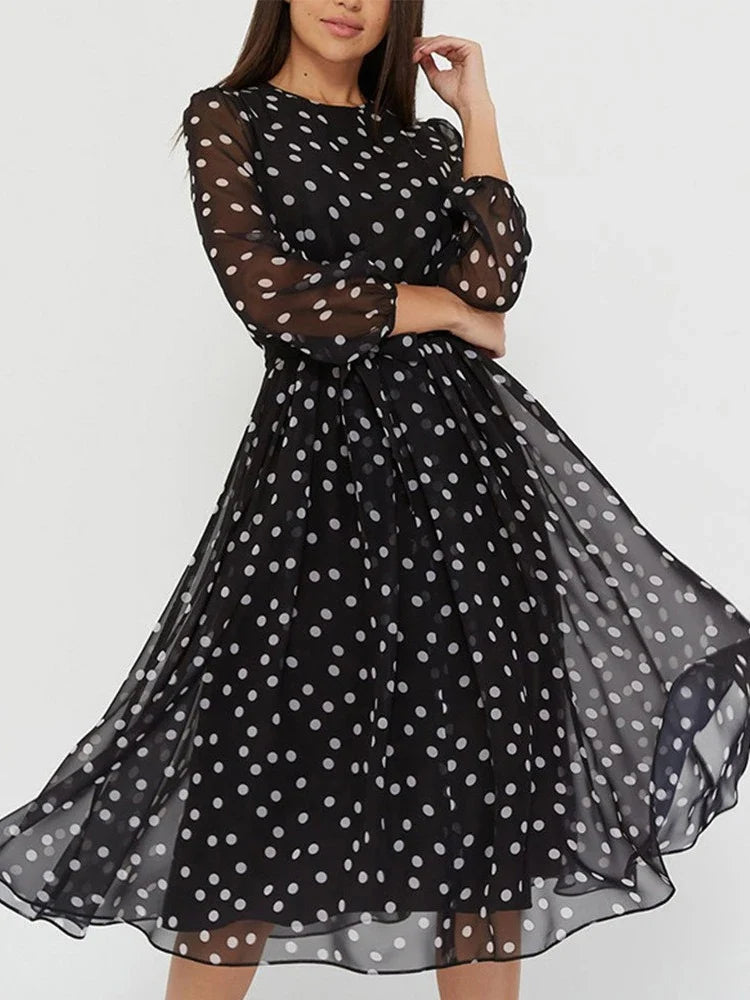 Spring and Summer Chiffon Dress Long Sleeved Solid Color Polka Dot Dress Elegant Lantern Sleeve Round Neck High Waisted Dresses