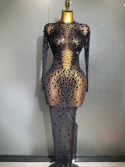 Shinny Rhinestone Stretch Mesh Transparent Long Dress 2025New Women Evening Birthday Party Prom Nightclub Singer Stage Wear