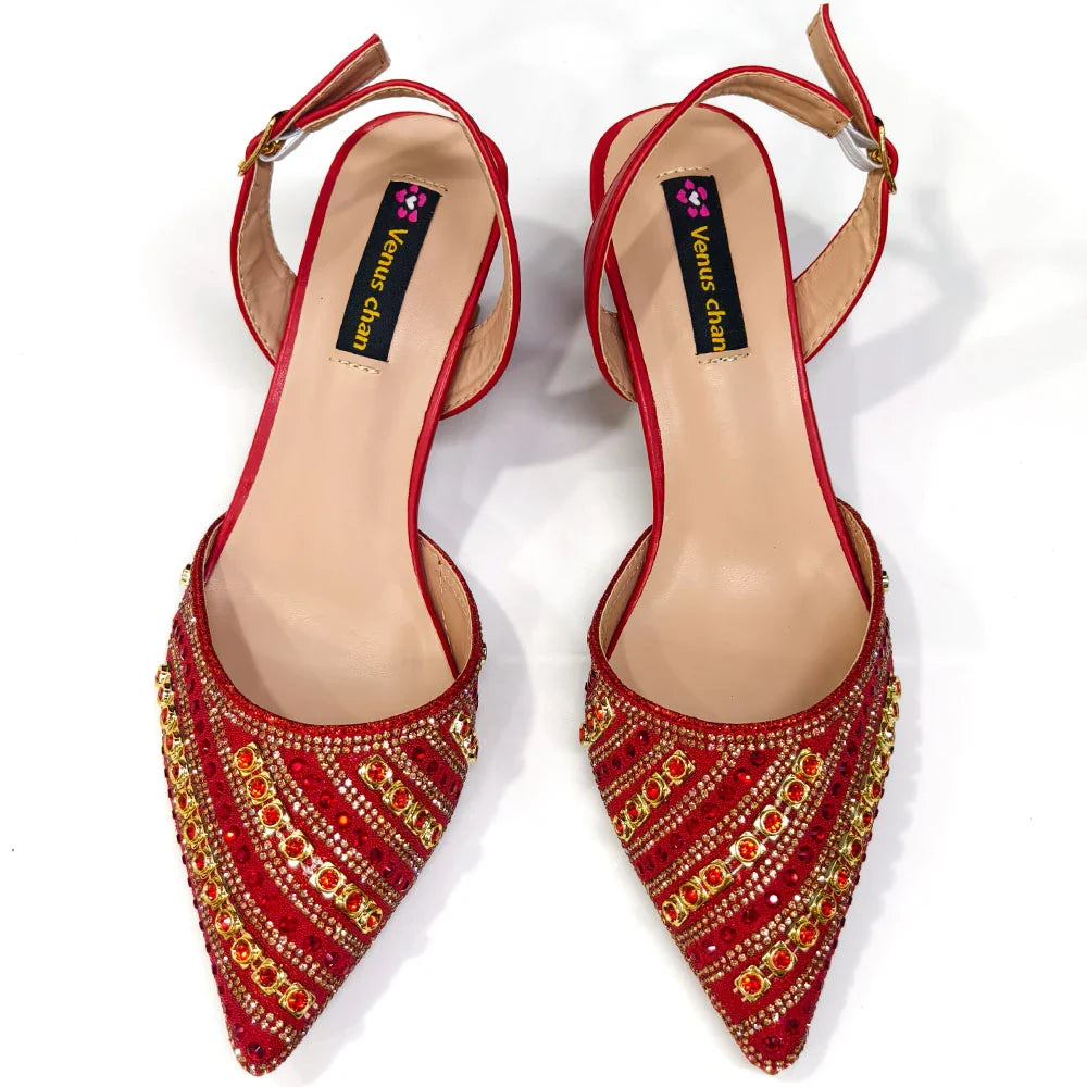 Conjunto de Sapatos e Bolsa Femininos de Salto Alto Elegantes Vermelhos, Populares entre Designers Nigerianos e Senhoras Africanas para Casamento