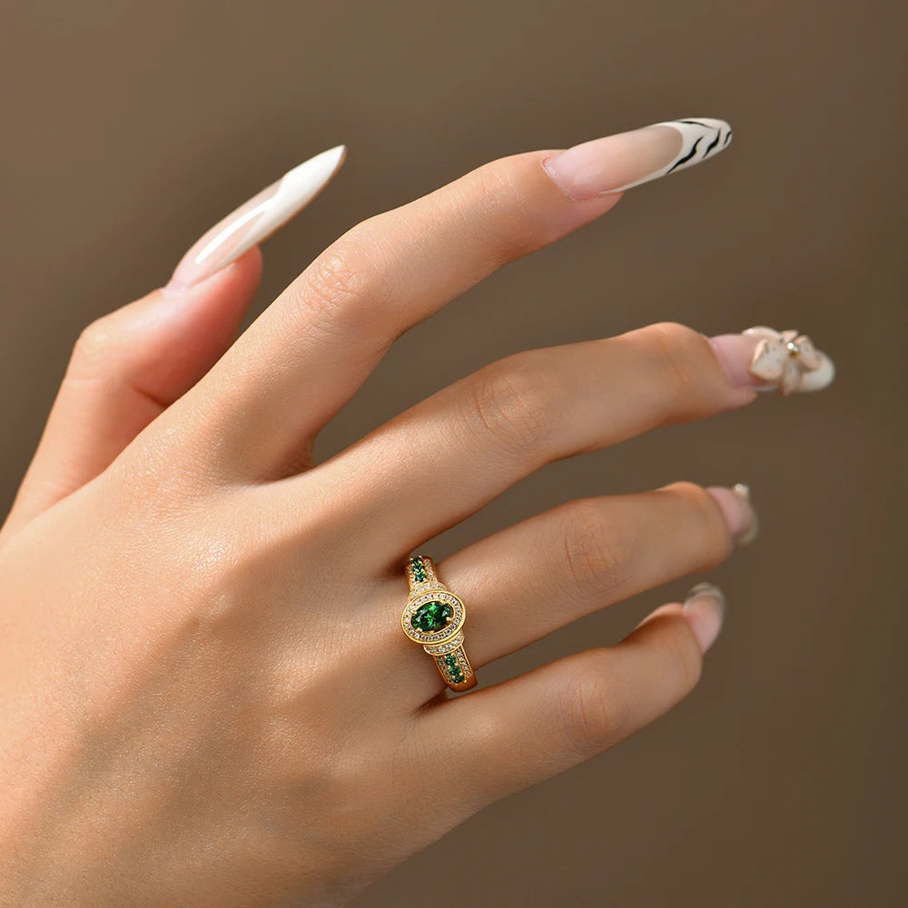 S925 Silver Lab Zambian Emerald Ring with White Zircon For Women Wedding Band Vintage Anniversary Luxury Gifts Jewelry