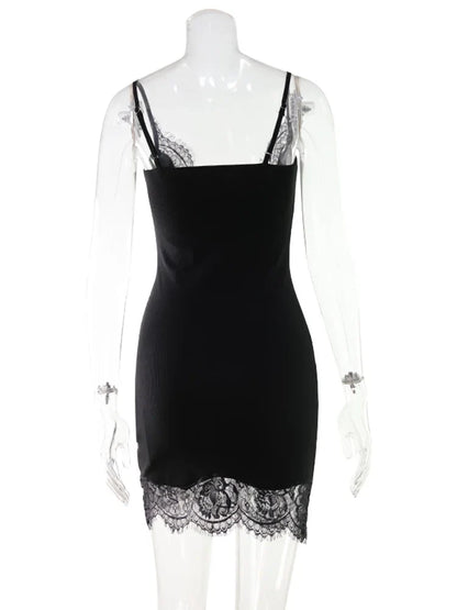 Women's Mini Dress Straps Patchwork Lace Sheath Sleepwear Sleeveless Nightgown Camisole Basic Female Vestidos Slim