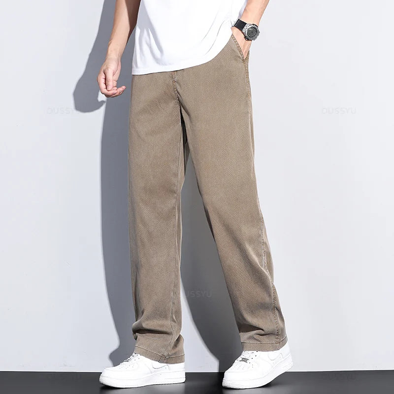 Summer New Upgrade Soft Lyocell Fabric Jeans Men Ultrathin Blue Elastic Waist Loose Straight Denim Trousers Male Plus Size 5XL