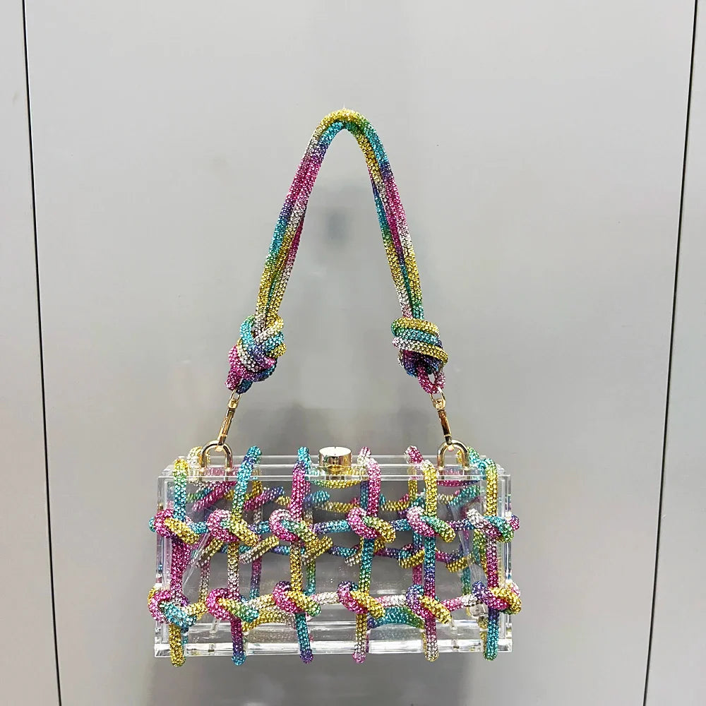 Bolsa de Noite com Alça e Strass Prateada de Cristal Feita à Mão para Mulheres, Bolsas e Bolsas de Mão de Designer de Luxo para Banquete