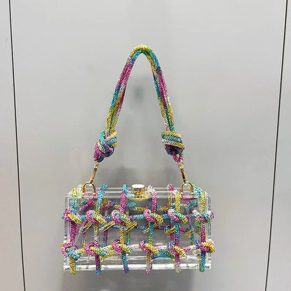 Bolsa de Noite com Alça e Strass Prateada de Cristal Feita à Mão para Mulheres, Bolsas e Bolsas de Mão de Designer de Luxo para Banquete