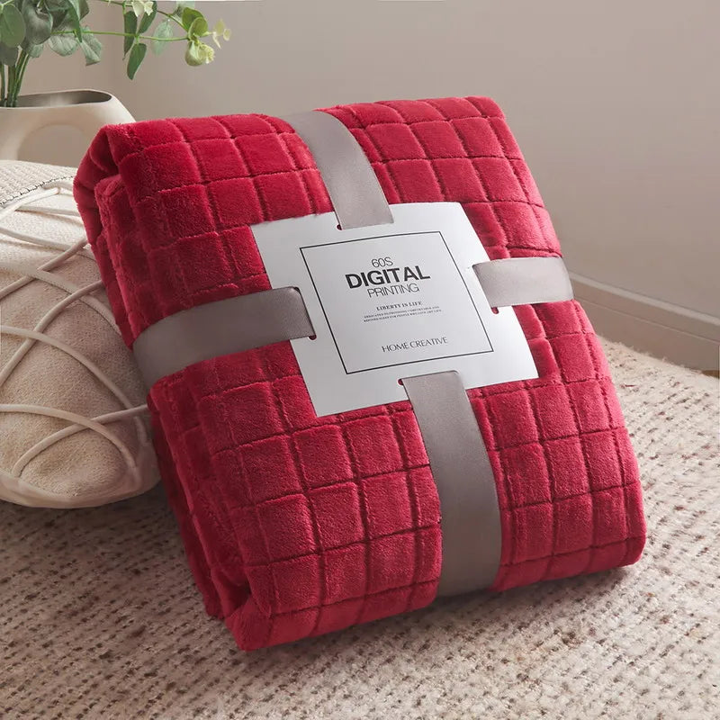 Luxury Grid Coral Velvet Blanket - Soft Fluffy Plush Throw, Thickened Warm for Sofa & Air-Condition Room, Flannel Back