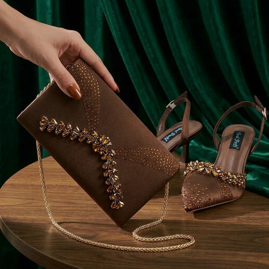 2026 Italian Inspired Coffee Pointed Toe High Heels Matching Handbag Set  COMFORT INCLUDED Elegant Wedding Party Shoes for Women