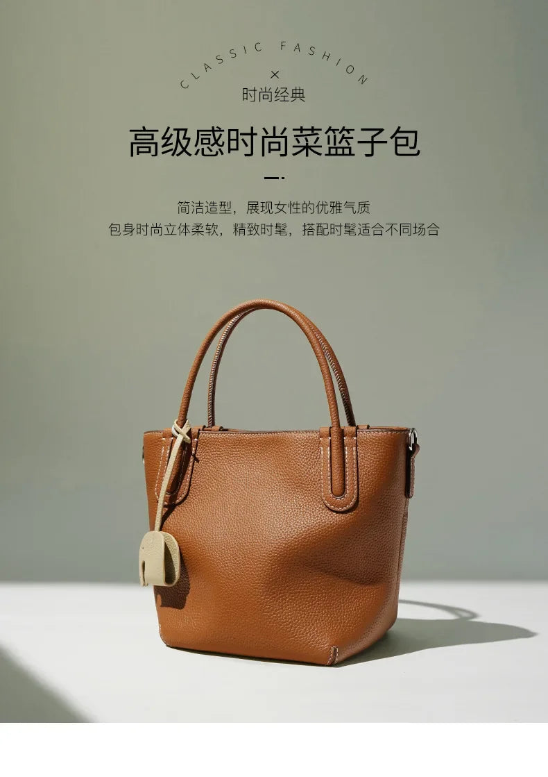 Head Layer Cowhide Vegetable Basket Bag Genuine Leather Cell Phone Crossbody Bag Commuter Shoulder Bucket Bag