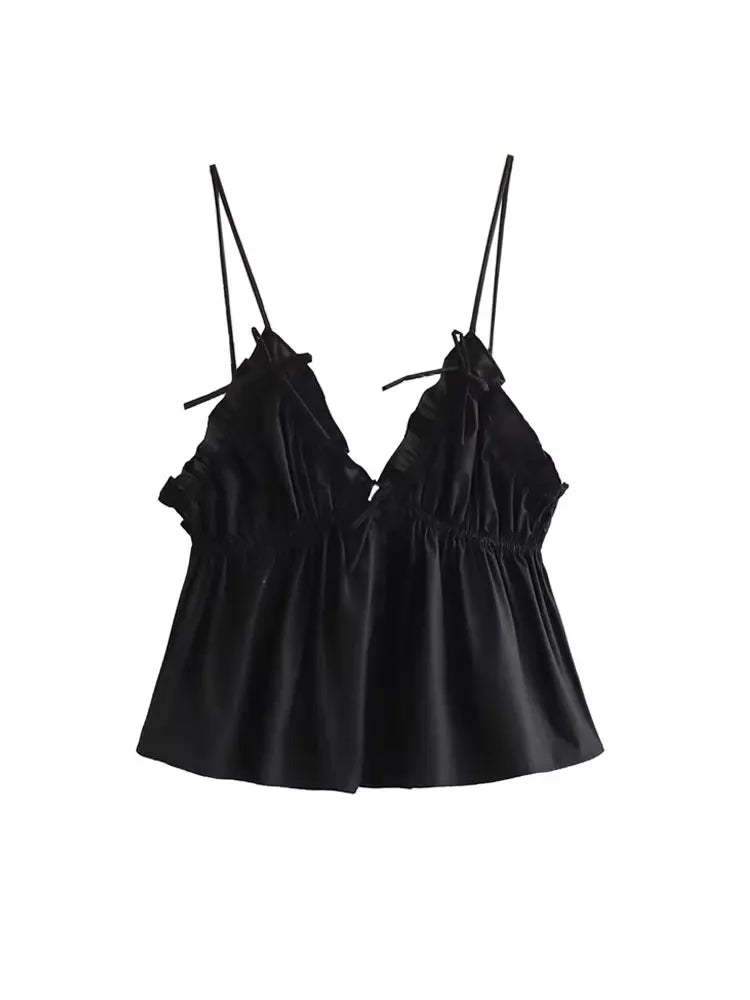 Women's Sexy Fashion Bow Tied Ruffled V-Neck Tank Top Thin Straps Backless Camisole Female Mujer