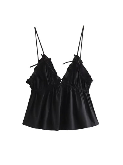 Women's Sexy Fashion Bow Tied Ruffled V-Neck Tank Top Thin Straps Backless Camisole Female Mujer