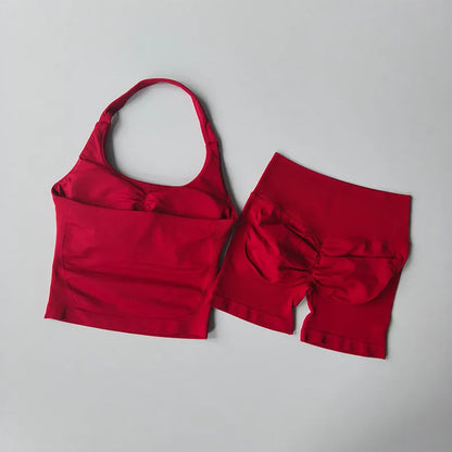 Seamless Halter Neck Yoga Wear Two Piece Women's Push up Sports Bra High Waist Tummy Control Butt Lift Fitness Shorts Set