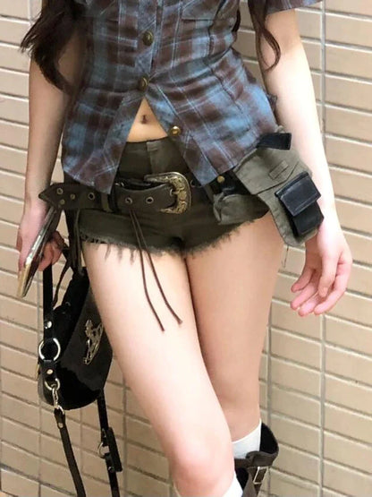 Summer Women Goblin Core Gyaru Coquette Low Rise Denim Shorts With Belt Japanese Harajuku Jean Hot Pants Dark Academia Kpop Y2k