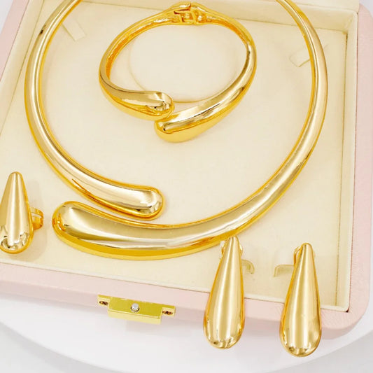 2025 New Exaggerate Jewelry Set Gothic Water Drop Cuff Bangle Ring Chic Smooth Metal Large Necklace Earrings Wedding Gift