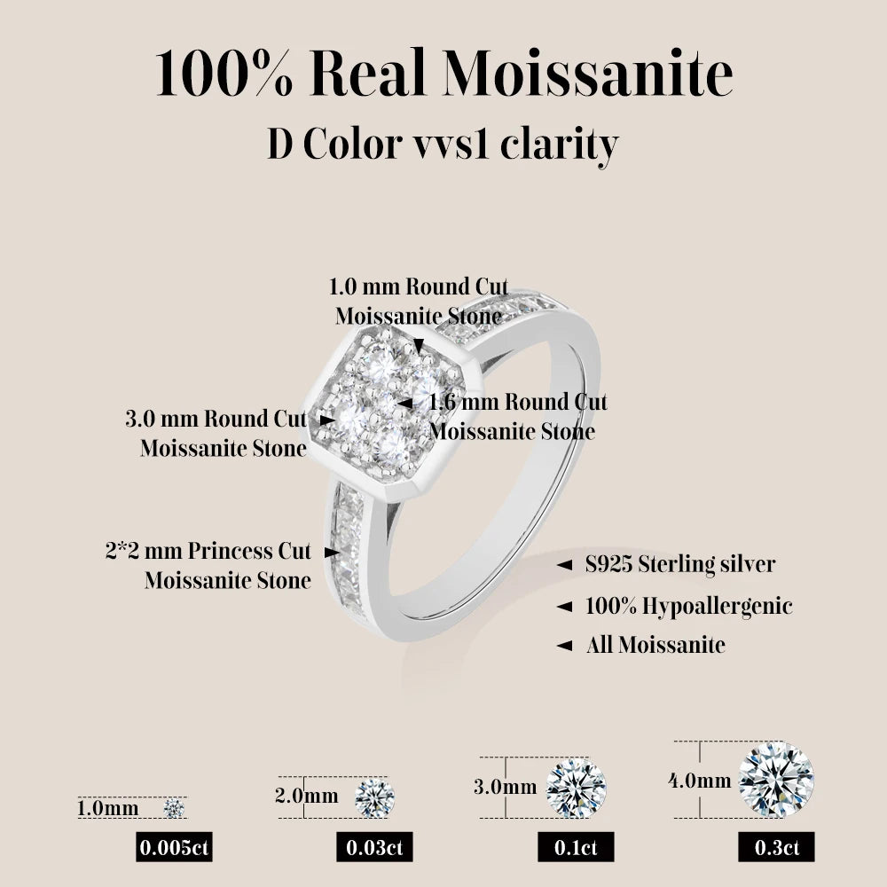 Square Cluster Moissanite Ring DVVS1 925 Sterling Silver Classic Engagement Rings Elegant Wedding Band Jewelry ForWoman
