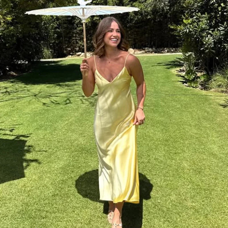 Womens Yellow Slip Dress Summer 2025 Woman Satin V-Neck Party Dresses Elegant Evening Sleeveless Backless Long Vestidos 066