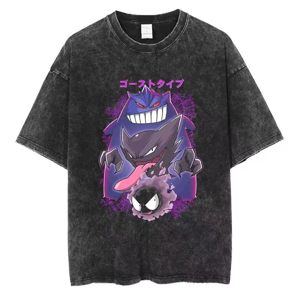 2026 Anime Washed Vintage Summer Gengar Short Sleeve Tee Graphic T-Shirt Man Women Cosplay Casual Tops Y2k Streetwear