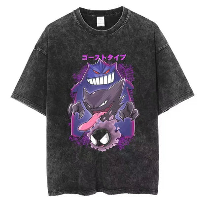 2026 Anime Washed Vintage Summer Gengar Short Sleeve Tee Graphic T-Shirt Man Women Cosplay Casual Tops Y2k Streetwear