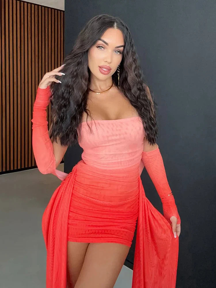 Mesh Simple Women Mini Dress Fashion Solid Strapless Ribbons Tassel Body-shaping Vestidos+Seperately Full Sleeve Gloves