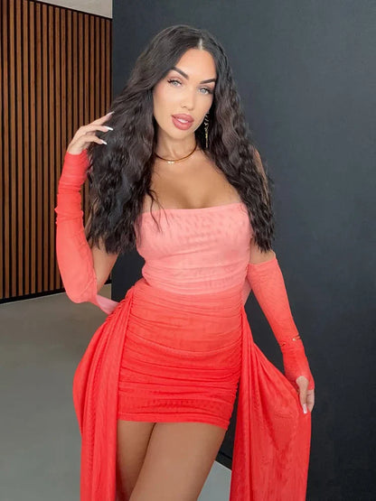 Mesh Simple Women Mini Dress Fashion Solid Strapless Ribbons Tassel Body-shaping Vestidos+Seperately Full Sleeve Gloves