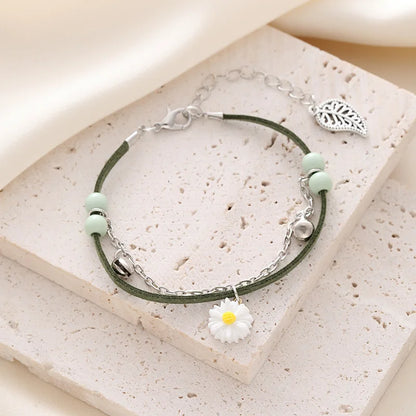 1pc Round Pointer Quartz Watch Cute Daisy Charm Electronic Wristwatch With PU Leather Strap & 1pc Bracelet, Best Gift For Her