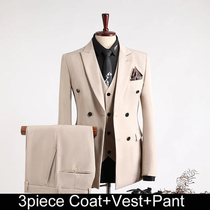 Man Suit Outfit Double-breasted Blazer Men V-neck Vest Straight-leg Pant Male Slim Business Wedding Three-piece Set