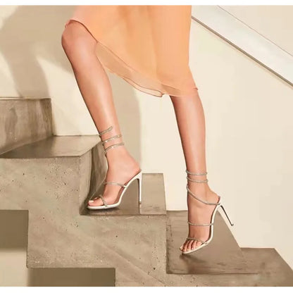 Luxury Rhinestones Snake Coiled Stiletto Heeled Women Gladiator Sandals 2024 Summer Silver Sole High heels Banquet Wedding Shoes