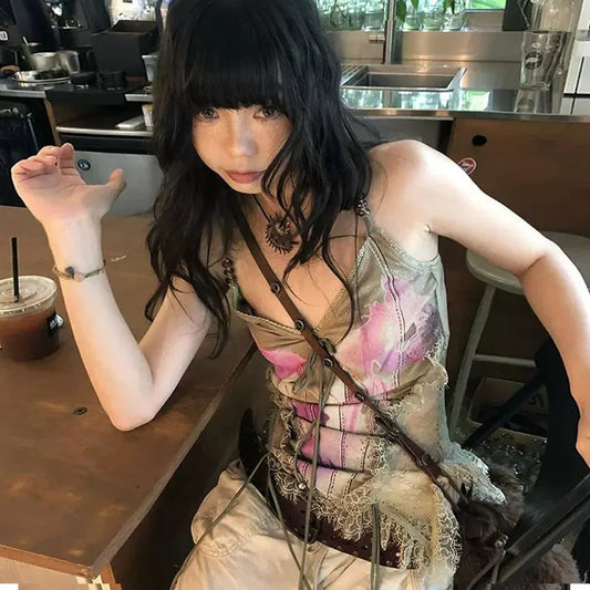 Gothic Tank Tops Women Sleeveless Tie Dye Y2k Vintage Crop Tops Streetwear 2000s Japanese Lace Up Camis E-girls Summer