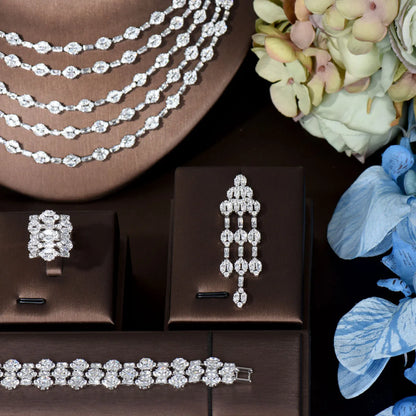 Elegant Five Layers Long Tassel Cubic Zirconia Ladies Costume Jewelry Sets Dangle Drop Earrings Pendant Necklace N-283