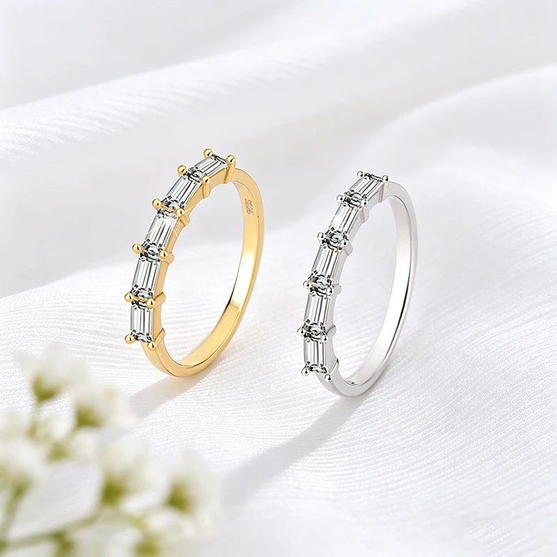 2*4mm Emerald Cut Moissanite Rings 5 Gems Female Wedding Bands for Women Match Diamond Real S925 Sterling Silver Jewelry