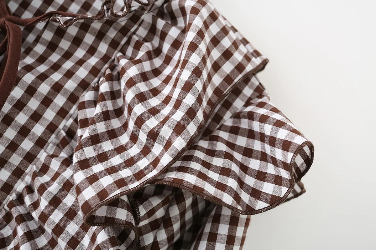 Women's Cotton Gingham Cropped Ruffle Tie Neck Blouse Spring Autumn 2026 Chic Modern Long Sleeve Shirt Tops for Woman