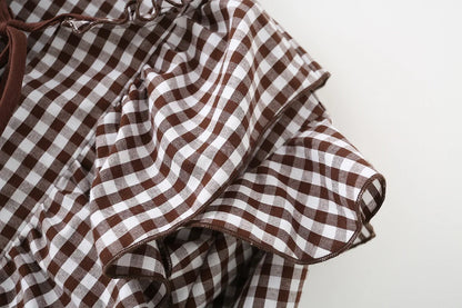 Women's Cotton Gingham Cropped Ruffle Tie Neck Blouse Spring Autumn 2026 Chic Modern Long Sleeve Shirt Tops for Woman