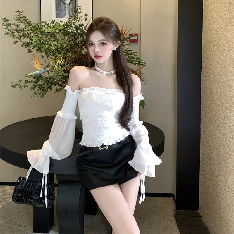 Solid Color Slim Fit Off Shoulder Sexy Women's Chiffon Shirt Sweet Flare Long Sleeved Chic Fashion New Lady Short Tops 8066
