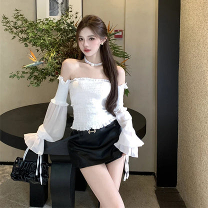 Solid Color Slim Fit Off Shoulder Sexy Women's Chiffon Shirt Sweet Flare Long Sleeved Chic Fashion New Lady Short Tops 8066