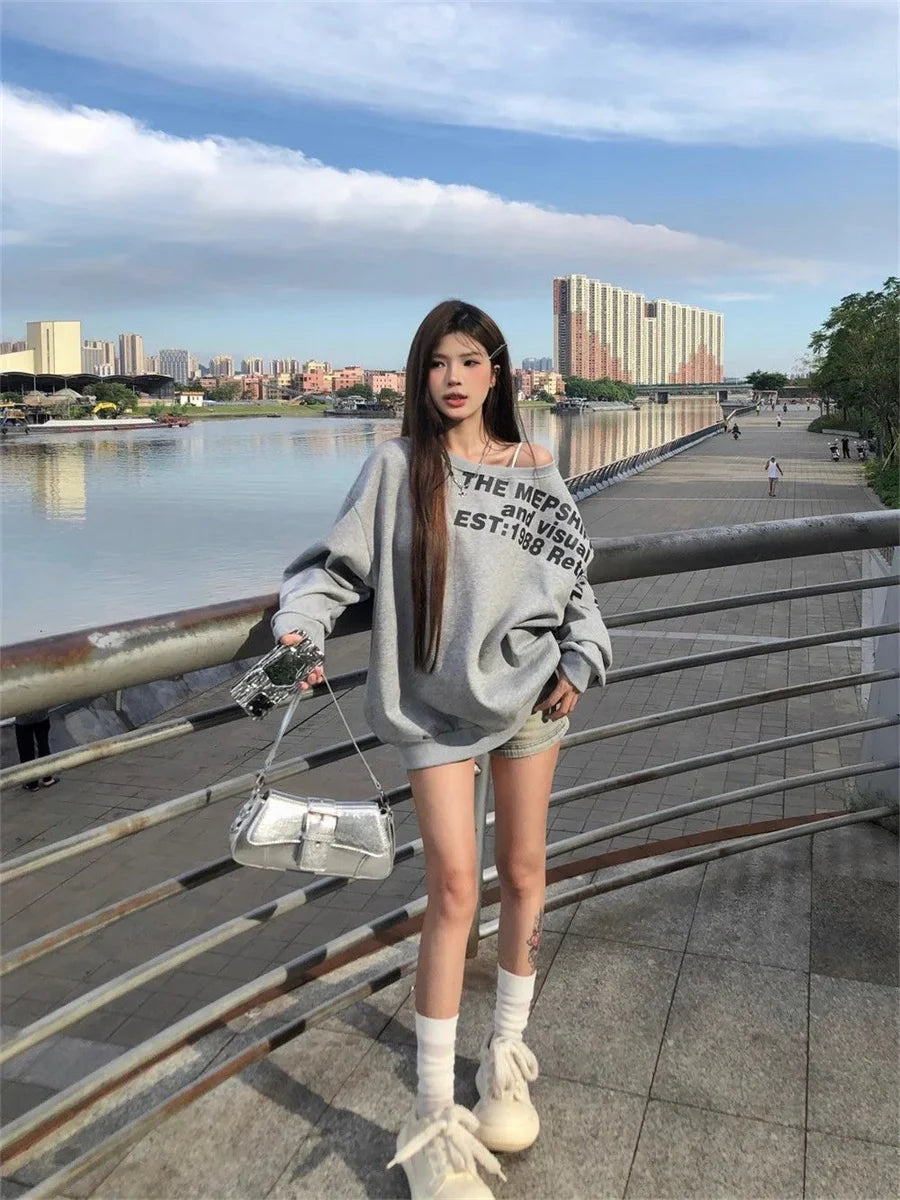 Camiseta Y2K Sexy Oversize Feminina Streetwear Estampada Manga Longa Básica Blusa Feminina Outono 2025 Inverno Coreana Moda Camisa Oversized