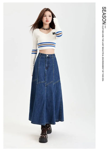 Women Blue A-line Denim Skirt Vintage Aesthetic Y2k Patchwork New Jean Skirt Harajuku Korean Cowboy Skirts 2000s Clothes Summer