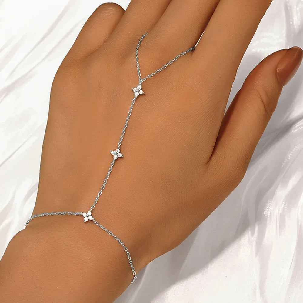 5A Zircon Finger Ring Chain Bracelets Horse Eye Lucky Clover Lab diamond Bracelet for Women Adjustable 925 Silver Jewelry