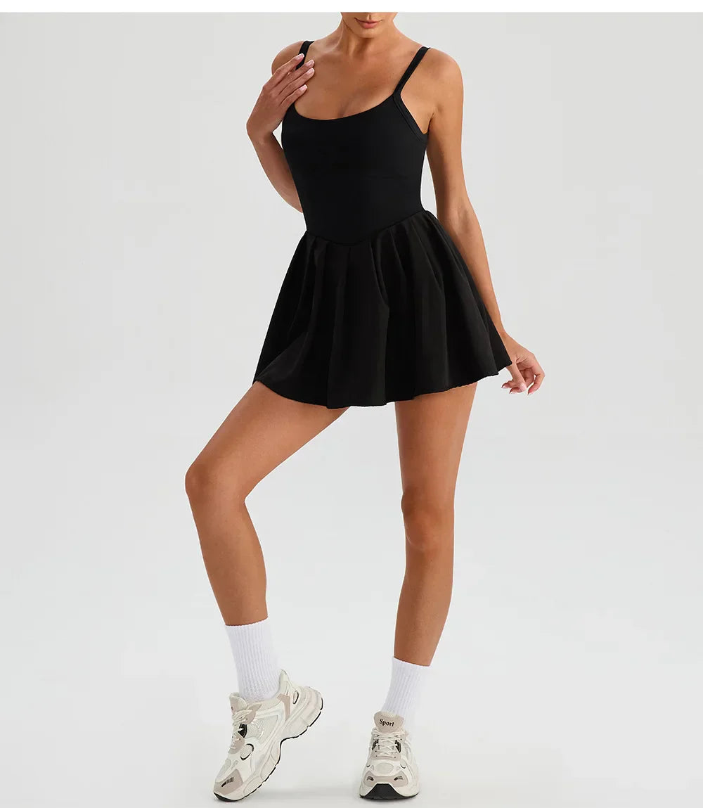 Women's Summer Sleeveless Sports Dress Breathable Tennis Dress One-Piece Mini Skirt Golf Skirts Jumpsuit With Pockets