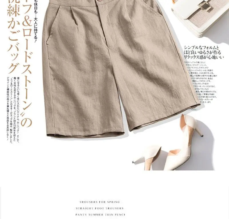 Khaki Solid Casual Linen Cotton Elastic High Waist Wide Leg Button Loose Women's Shorts Korean Fashion Summer Shorts Women 2024