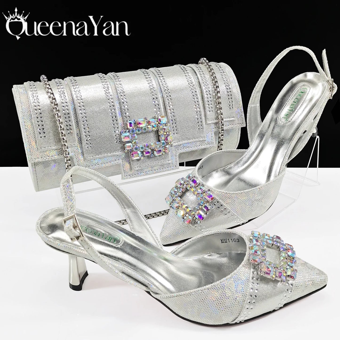 Elegant Noble Party Wedding Shoes And Bag Pointed Toe Decorated With Rhinestone Women Heel Shoes