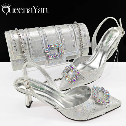 Elegant Noble Party Wedding Shoes And Bag Pointed Toe Decorated With Rhinestone Women Heel Shoes