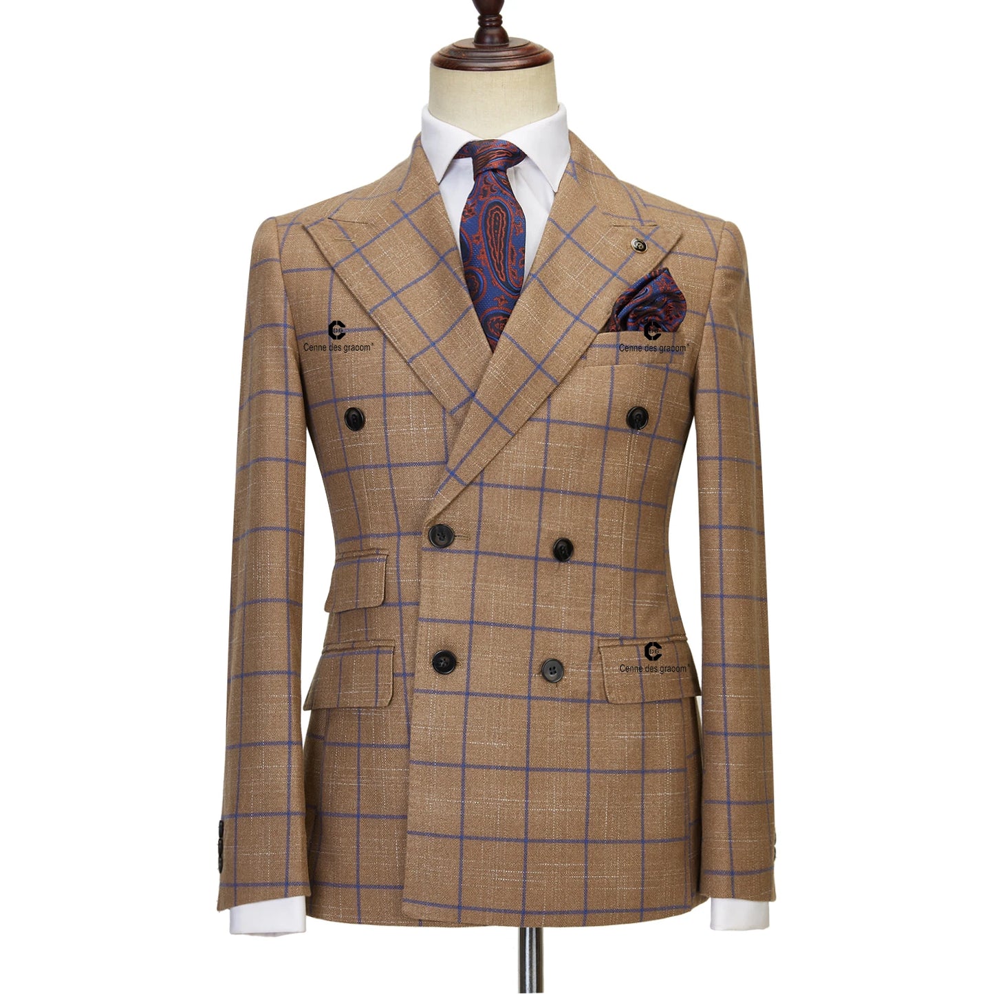 Brown Plaid Suits for Men Double Breasted 2 Pcs Set Blazer Jacket Pants Wedding Party Meeting Office