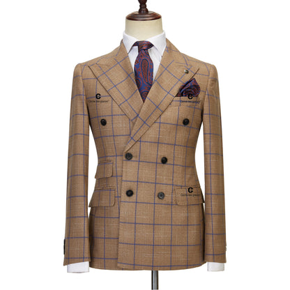 Brown Plaid Suits for Men Double Breasted 2 Pcs Set Blazer Jacket Pants Wedding Party Meeting Office