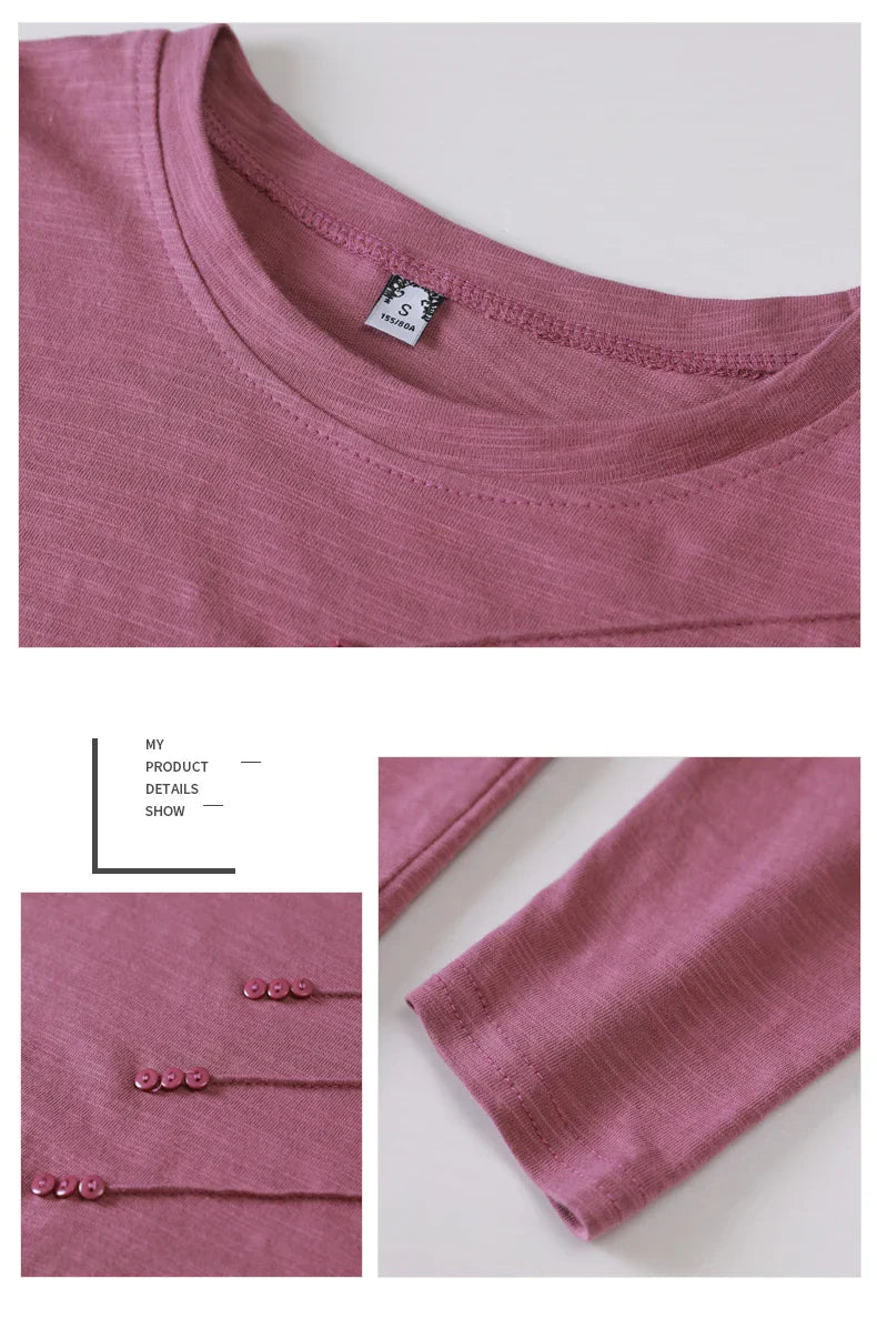 Summer Women Ribbed Cotton Tee-Shirts Female Button Loose Casual Fashion T-shirts 2026 Long Sleeve O-Neck Korea Tops