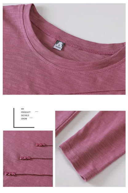 Summer Women Ribbed Cotton Tee-Shirts Female Button Loose Casual Fashion T-shirts 2026 Long Sleeve O-Neck Korea Tops