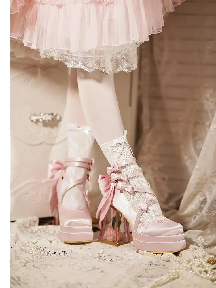 Original Lolita Red High Heels Women's Sweet Elegant Bow Velvet Mary Jane Shoes Ladies Birthday Party Cos Platform Shoes Spring