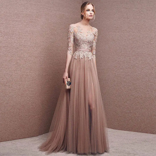 Scoop Neckline Zipper Up Tulle Long Floor-length Dresses Lace Applique Half Sleeve High Split Wedding Evening Party Prom Gowns
