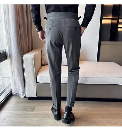 New Spring Autumn High Waist Smart Casual Dress Pants Men Belt Design Slim Suit Pants Formal Wedding Social Party Mens Trousers