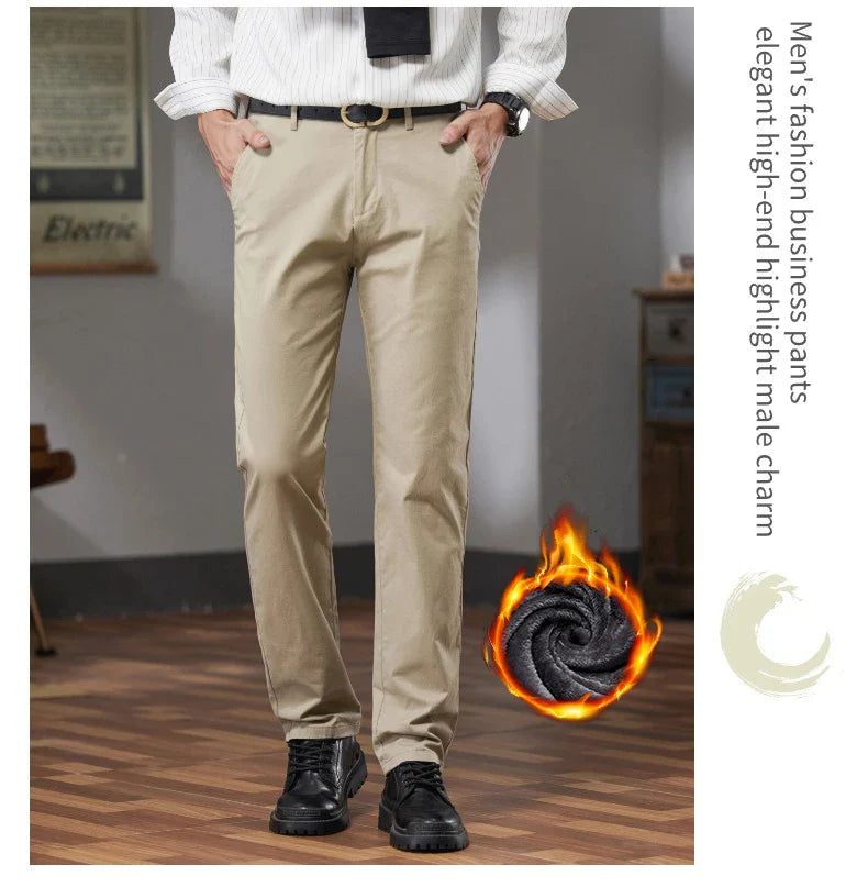 Fleece Winter Casual Pants Men Straight Stretch Soft Warm Velvet Trousers Comfortable Fashion Slim Plush Business Male Pants