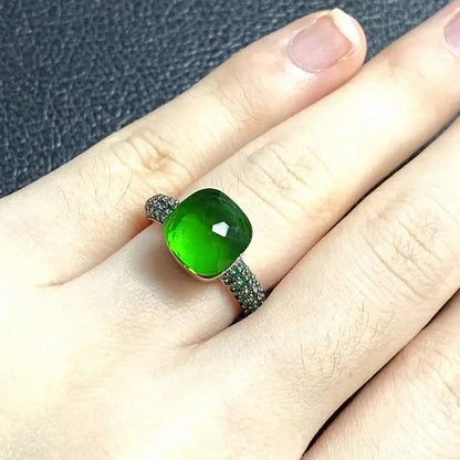 Emerald Ring for Women Green Zircon Inlay Rose Gold & Black Gun Plated 30 Colors Candy Crystal Style Jewelry Birthday Gift