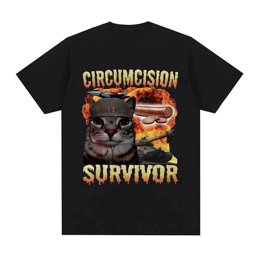 Circumcision Survivor Funny Cat Meme T Shirt Men Women Vintage T-shirts Casual Cotton Short Sleeve Oversized T-shirts Streetwear